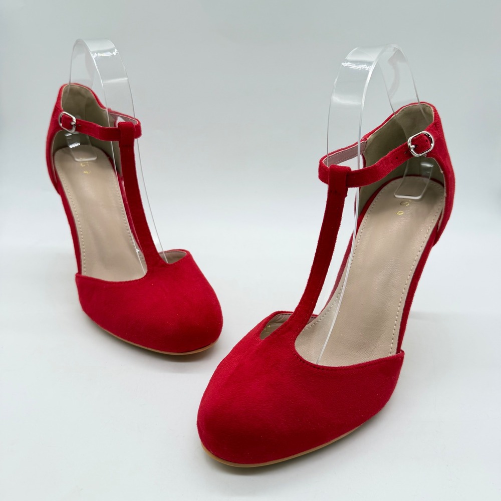Red Faux Suede T-Strap Pumps Womens Size 9 Round Toe Stiletto Heels Ankle Strap